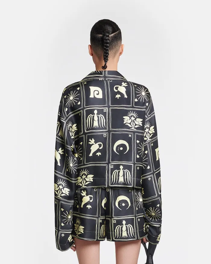 Vally Cropped Printed SilkTwill Shirt Folk Art Black Women Nanushka Tops