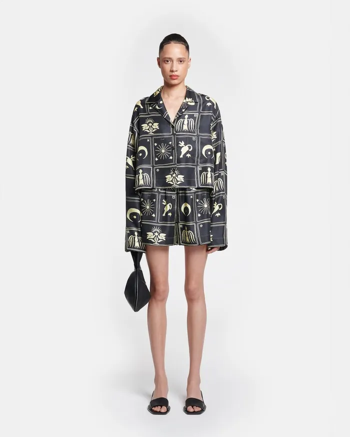 Vally Cropped Printed SilkTwill Shirt Folk Art Black Women Nanushka Tops