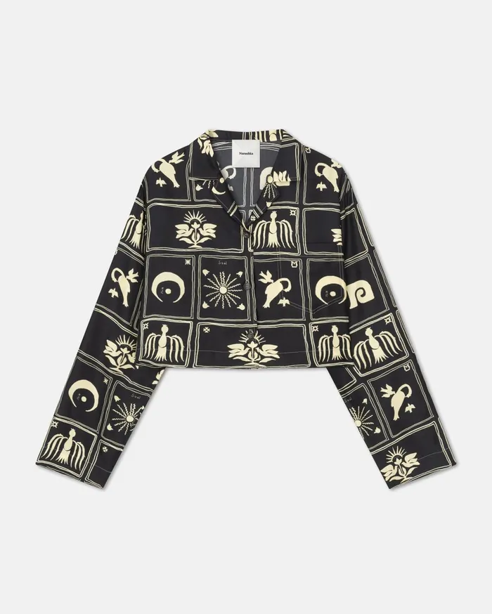 Vally Cropped Printed SilkTwill Shirt Folk Art Black Women Nanushka Tops