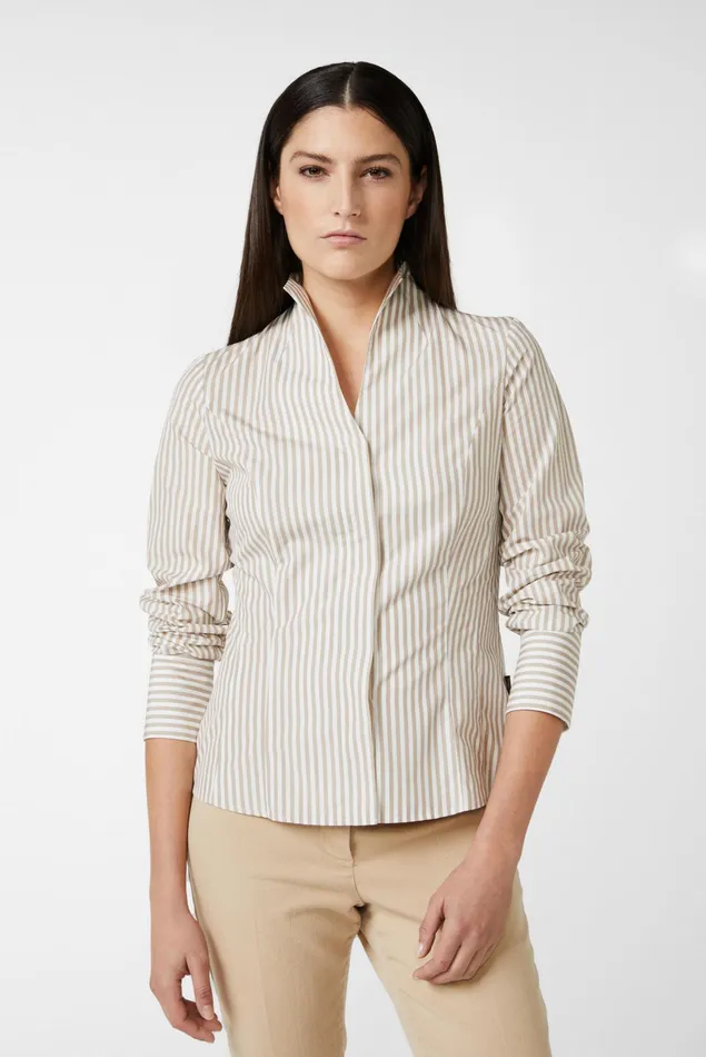 Van Laack Business Blouses Women Poplin Chalice Collar Blouse Beige Striped