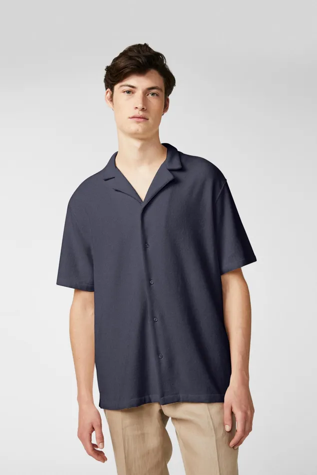 Van Laack Casual Shirts Men Shortsleeve Cotton Blend Terry Shirt Blue