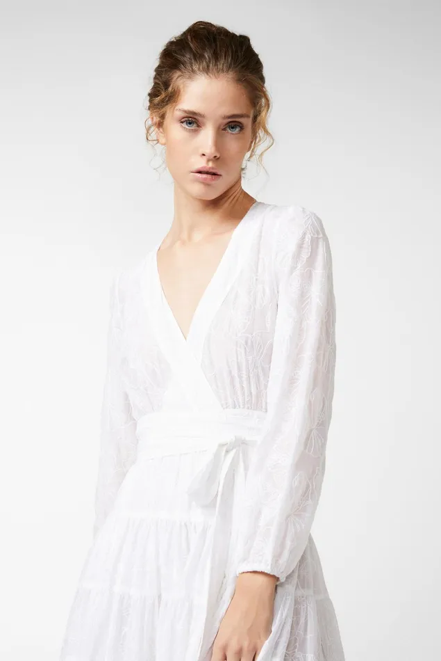 Van Laack Dresses and Skirts Women Midi Wrap Dress With Puff Sleeves In An Embroidered Cotton And Silk Blend White