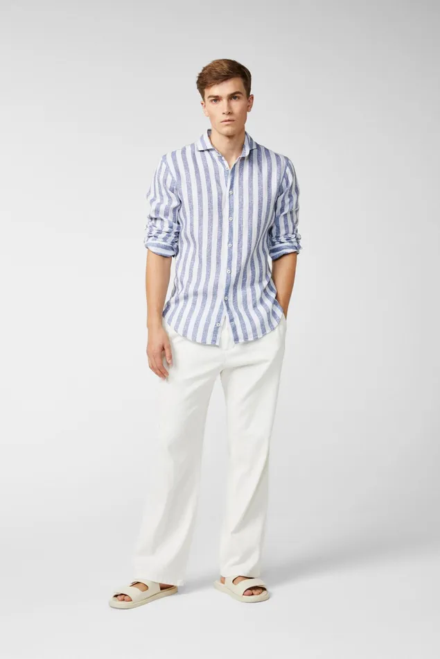 Van Laack Linen Shirts Men Linen Shirt With Twotone Stripe Print And Wide Collar Blue Van Laack Linen Shirts Men Linen Shirt With Twotone Stripe Print And Wide Collar Blue