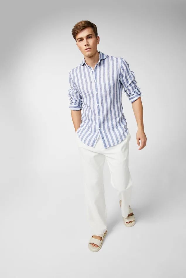 Van Laack Linen Shirts Men Linen Shirt With Twotone Stripe Print And Wide Collar Blue Van Laack Linen Shirts Men Linen Shirt With Twotone Stripe Print And Wide Collar Blue