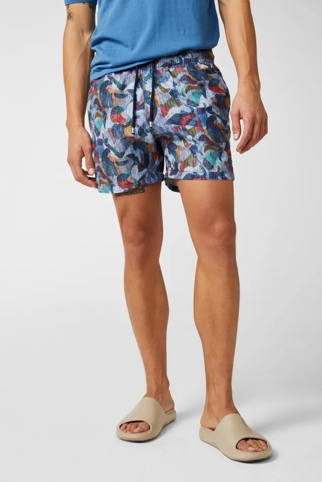 Van Laack Swimwear Men Midlength Straight Leg Swim Trunks In An Artistic Vintage Denim Print Van Laack Swimwear Men Midlength Straight Leg Swim Trunks In An Artistic Vintage Denim Print