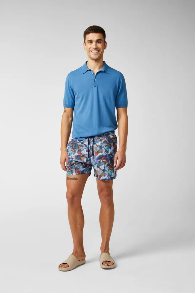 Van Laack Swimwear Men Midlength Straight Leg Swim Trunks In An Artistic Vintage Denim Print Van Laack Swimwear Men Midlength Straight Leg Swim Trunks In An Artistic Vintage Denim Print