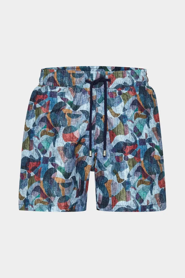 Van Laack Swimwear Men Midlength Straight Leg Swim Trunks In An Artistic Vintage Denim Print Van Laack Swimwear Men Midlength Straight Leg Swim Trunks In An Artistic Vintage Denim Print