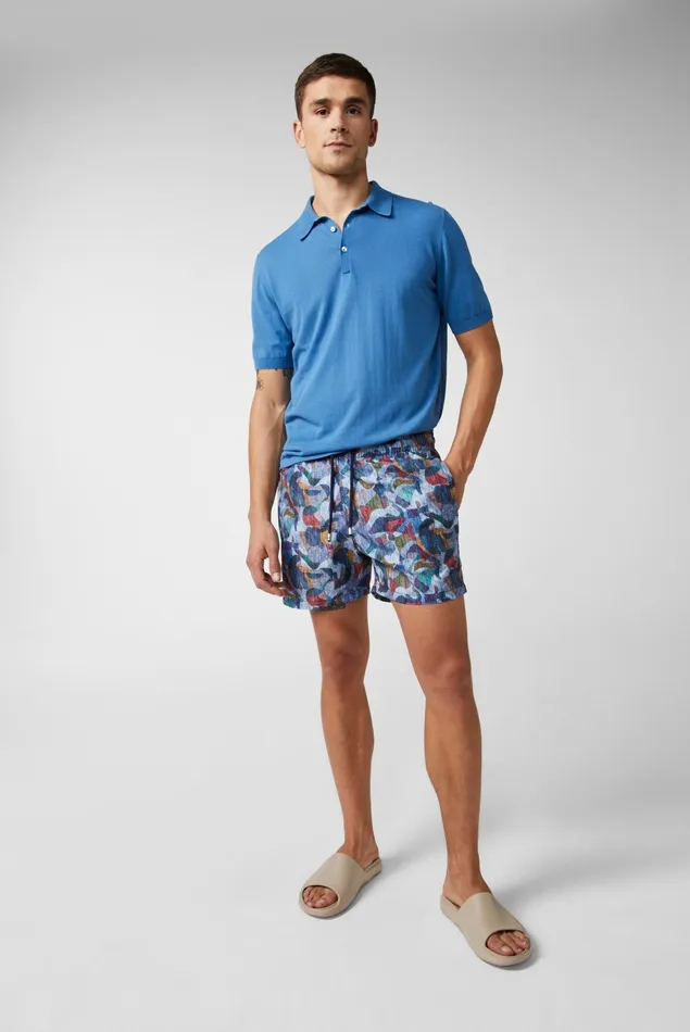 Van Laack Swimwear Men Midlength Straight Leg Swim Trunks In An Artistic Vintage Denim Print Van Laack Swimwear Men Midlength Straight Leg Swim Trunks In An Artistic Vintage Denim Print