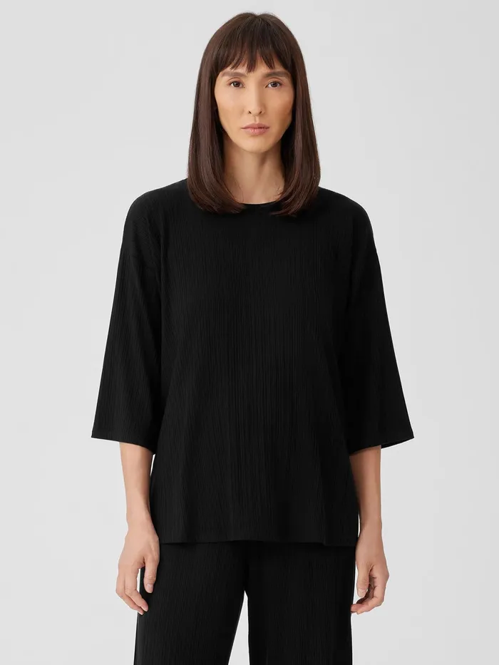 Variegated Rib Knit Crew Neck Long Top Black Women Eileen Fisher Tops and Tees