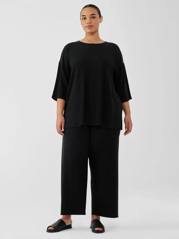 Variegated Rib Knit Crew Neck Long Top Black Women Eileen Fisher Tops and Tees
