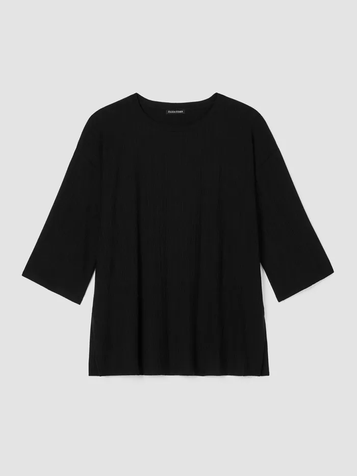 Variegated Rib Knit Crew Neck Long Top Black Women Eileen Fisher Tops and Tees