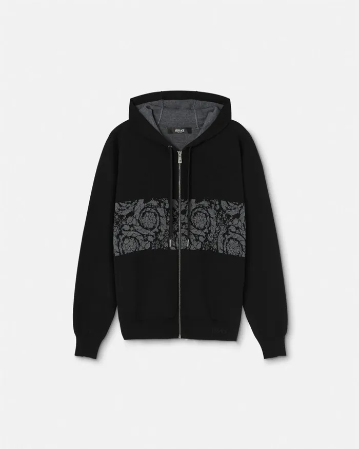 Versace Knitwear Barocco Jacquard Knit Zip Hoodie Black 8211 Men