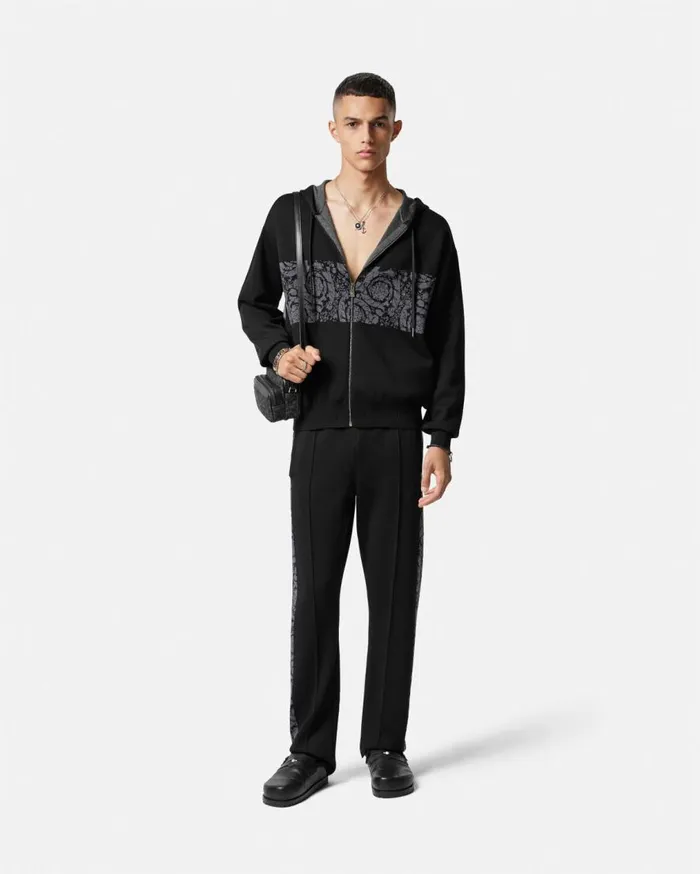 Versace Knitwear Barocco Jacquard Knit Zip Hoodie Black 8211 Men