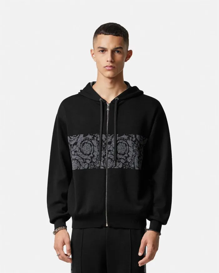 Versace Knitwear Barocco Jacquard Knit Zip Hoodie Black 8211 Men