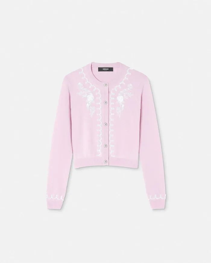 Versace Knitwear Embroidered Cashmere Knit Cardigan Light Pink 8211 Women