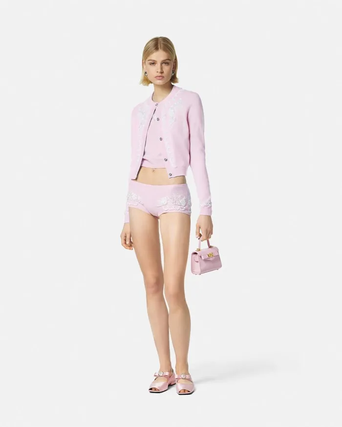 Versace Knitwear Embroidered Cashmere Knit Cardigan Light Pink 8211 Women
