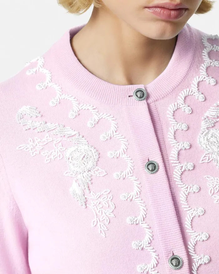 Versace Knitwear Embroidered Cashmere Knit Cardigan Light Pink 8211 Women