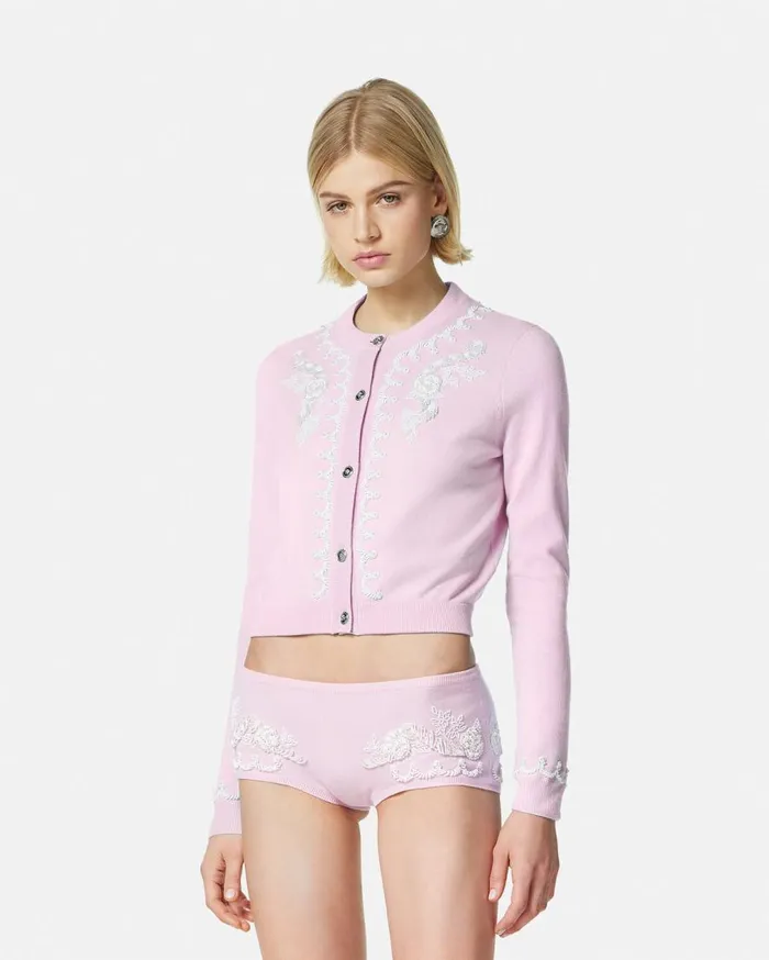 Versace Knitwear Embroidered Cashmere Knit Cardigan Light Pink 8211 Women