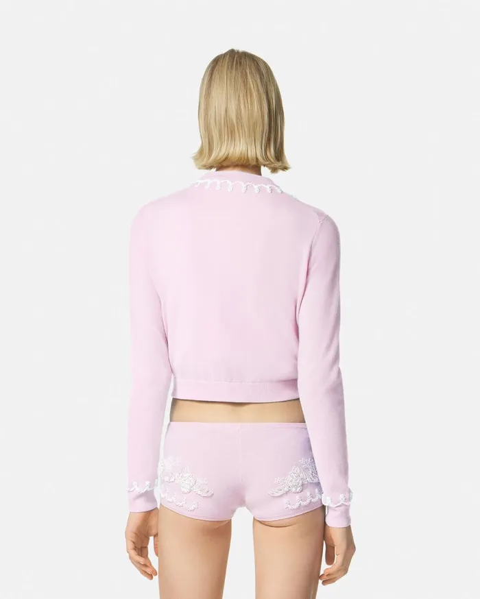 Versace Knitwear Embroidered Cashmere Knit Cardigan Light Pink 8211 Women