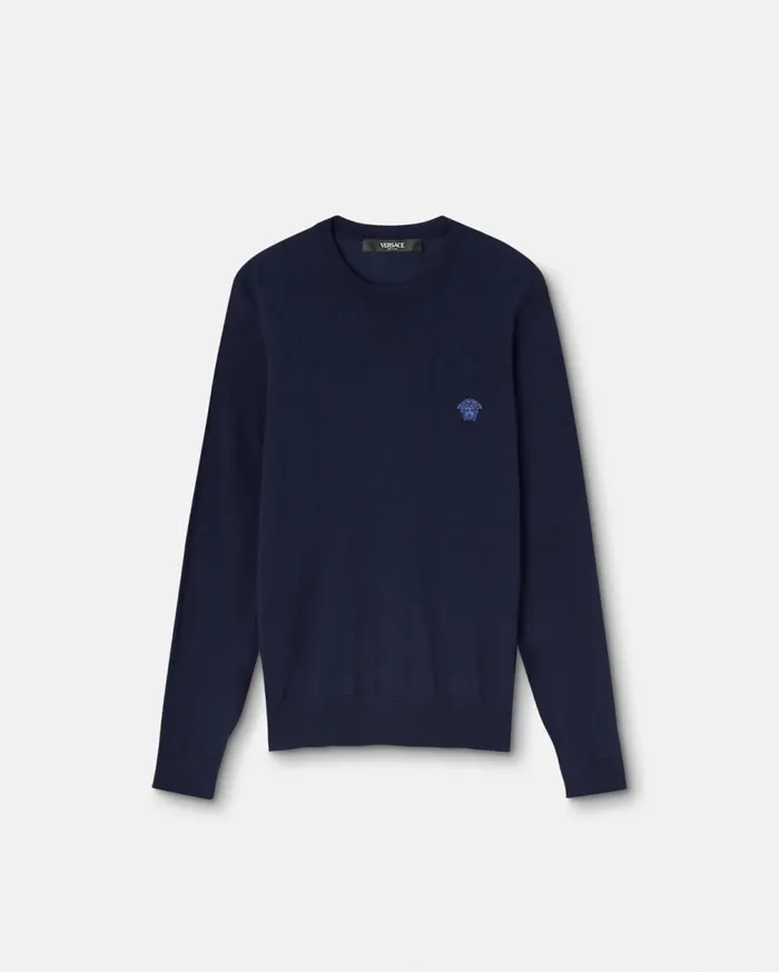 Versace Knitwear Embroidered WoolBlend Sweater Blue 8211 Men