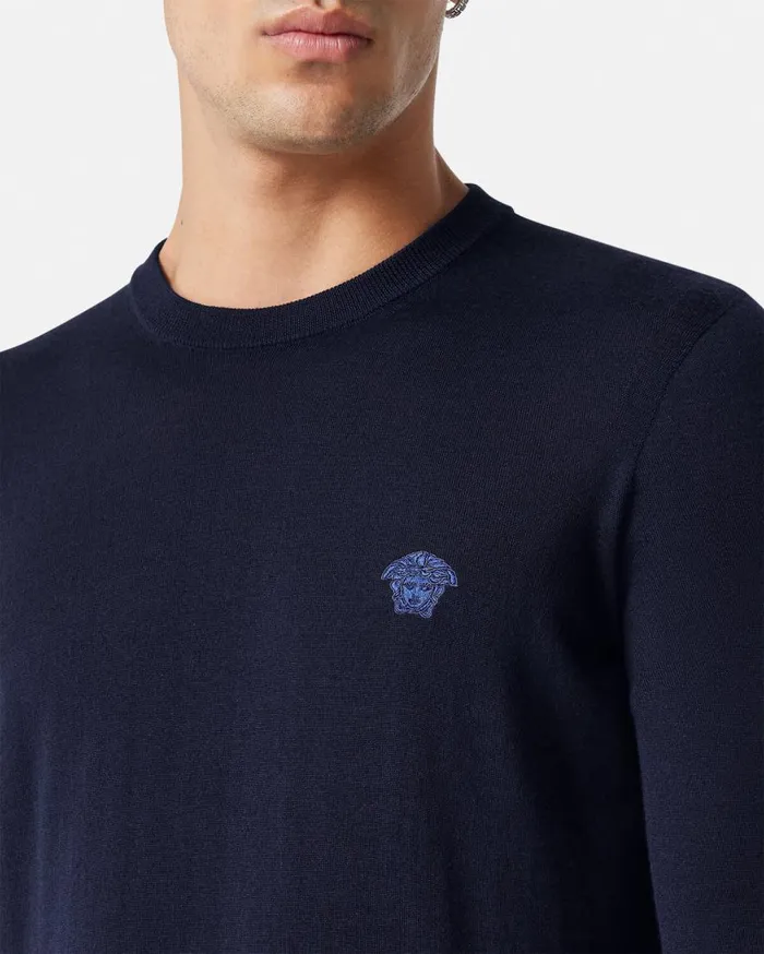 Versace Knitwear Embroidered WoolBlend Sweater Blue 8211 Men Versace Knitwear Embroidered WoolBlend Sweater Blue 8211 Men