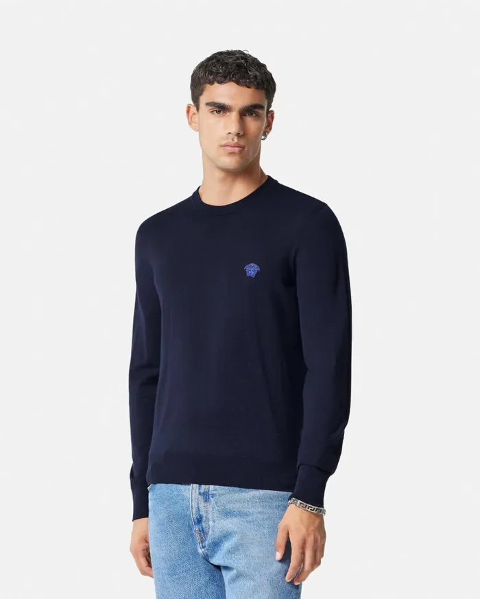 Versace Knitwear Embroidered WoolBlend Sweater Blue 8211 Men Versace Knitwear Embroidered WoolBlend Sweater Blue 8211 Men