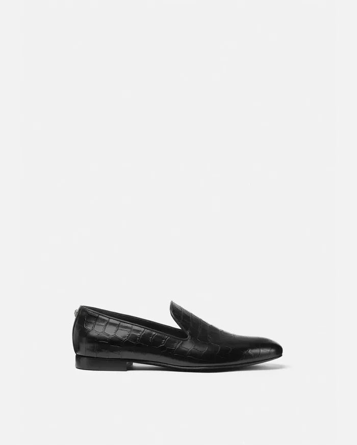 Versace Loafers and Slippers CrocEffect Leather Slippers Black 8211 Men