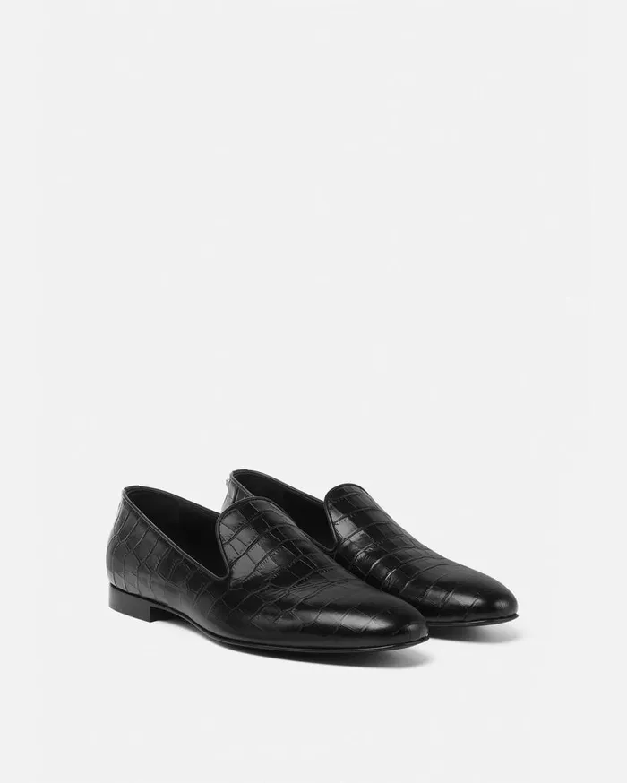 Versace Loafers and Slippers CrocEffect Leather Slippers Black 8211 Men Versace Loafers and Slippers CrocEffect Leather Slippers Black 8211 Men
