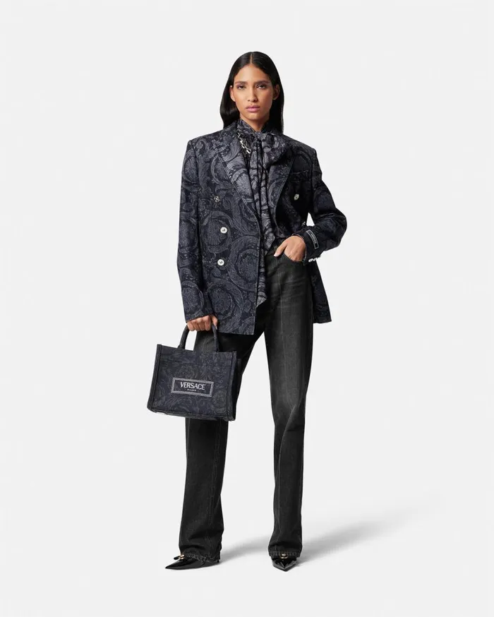 Versace Outerwear and Coats Barocco Denim Slim Masculine Blazer Gray 8211 Women Versace Outerwear and Coats Barocco Denim Slim Masculine Blazer Gray 8211 Women