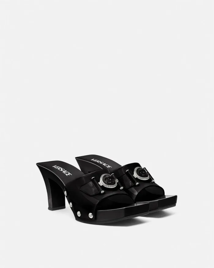 Versace Sandals Medusa Buckle Patent Clogs 60 Mm Blacksilver 8211 Women Versace Sandals Medusa Buckle Patent Clogs 60 Mm Blacksilver 8211 Women