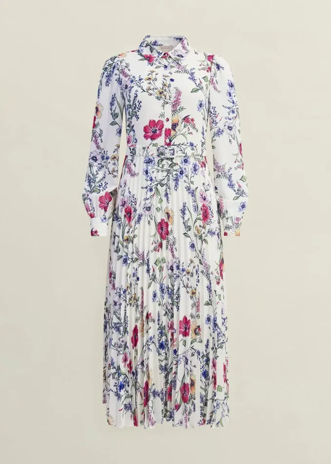 Women Ashleen Pleated Shirt Dress Ivory Multi Hobbs Dresses and Jumpsuits