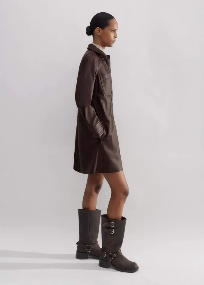 Women Butter Soft Leather Shift Dress Dark Treacle MEEM