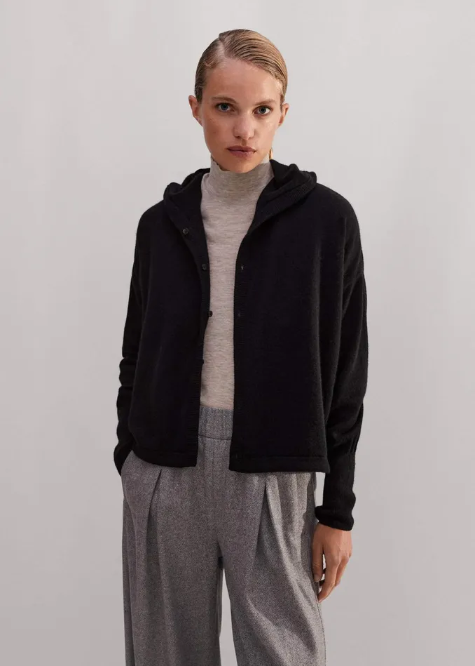 Women Cashmere Drop Shoulder Box Crop Hoody Black MEEM