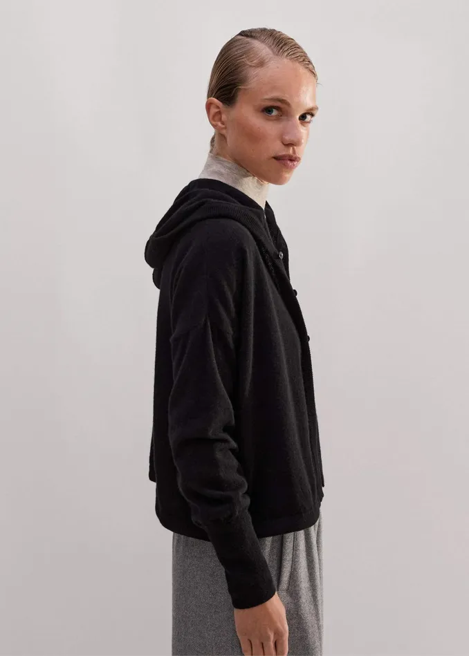 Women Cashmere Drop Shoulder Box Crop Hoody Black MEEM