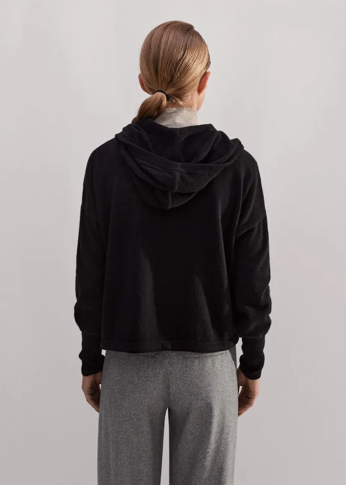 Women Cashmere Drop Shoulder Box Crop Hoody Black MEEM