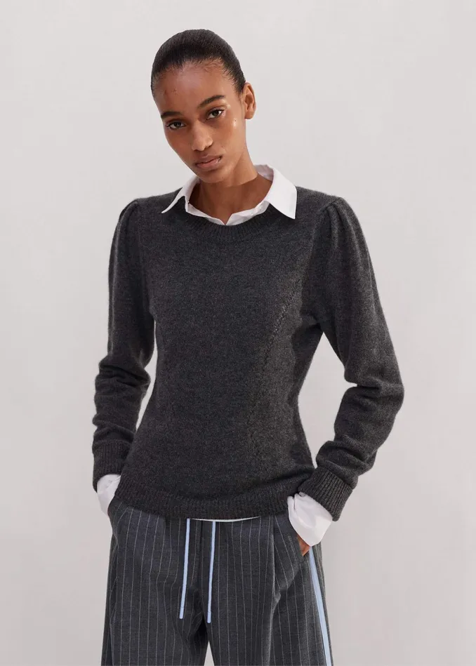 Women Cashmere Pouf Sleeve Sweater Charcoal MEEM