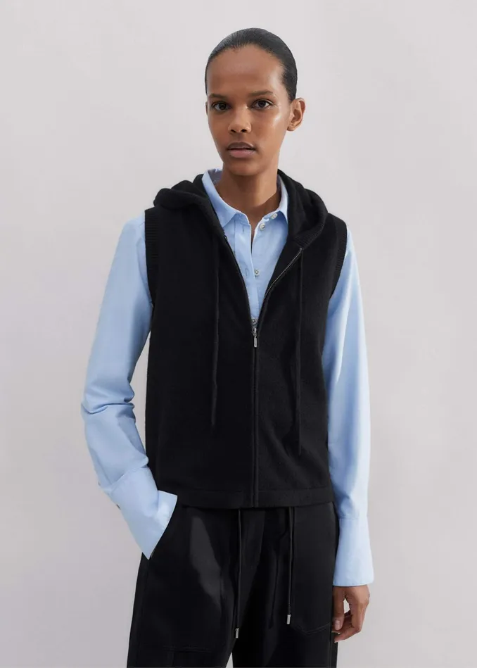 Women Cashmere Sleeveless Relaxed Zip Hoody Black MEEM