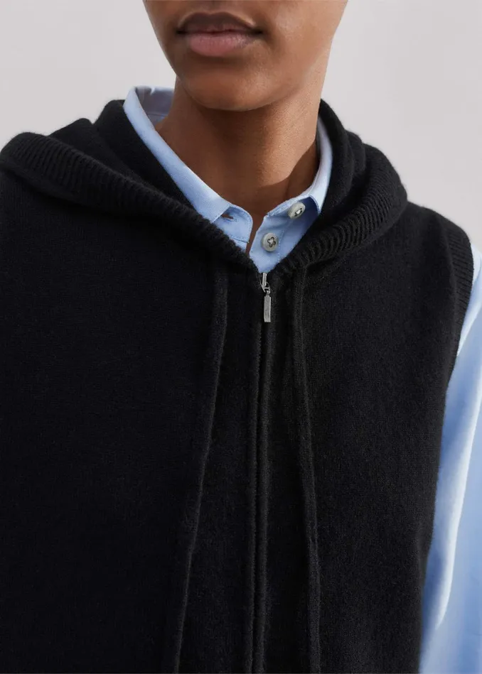 Women Cashmere Sleeveless Relaxed Zip Hoody Black MEEM