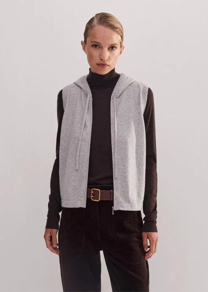 Women Cashmere Sleeveless Relaxed Zip Hoody Silver Grey Mlange MEEM
