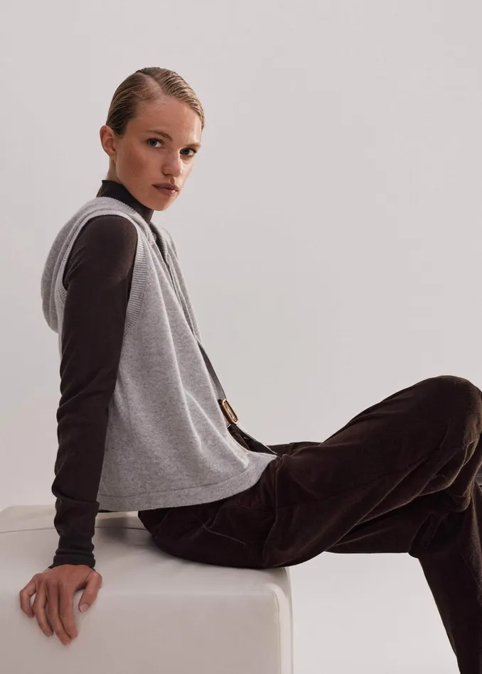 Women Cashmere Sleeveless Relaxed Zip Hoody Silver Grey Mlange MEEM