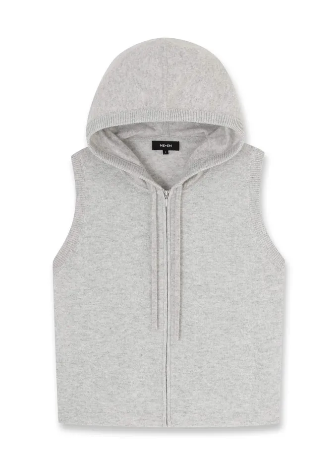Women Cashmere Sleeveless Relaxed Zip Hoody Silver Grey Mlange MEEM