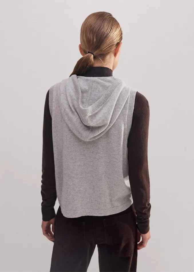Women Cashmere Sleeveless Relaxed Zip Hoody Silver Grey Mlange MEEM