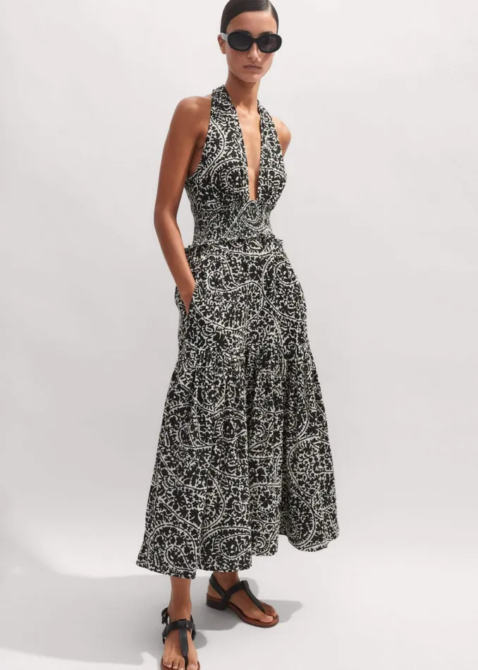 Women Cheesecloth Paisley Print Maxi Dress Light Creamblack MEEM