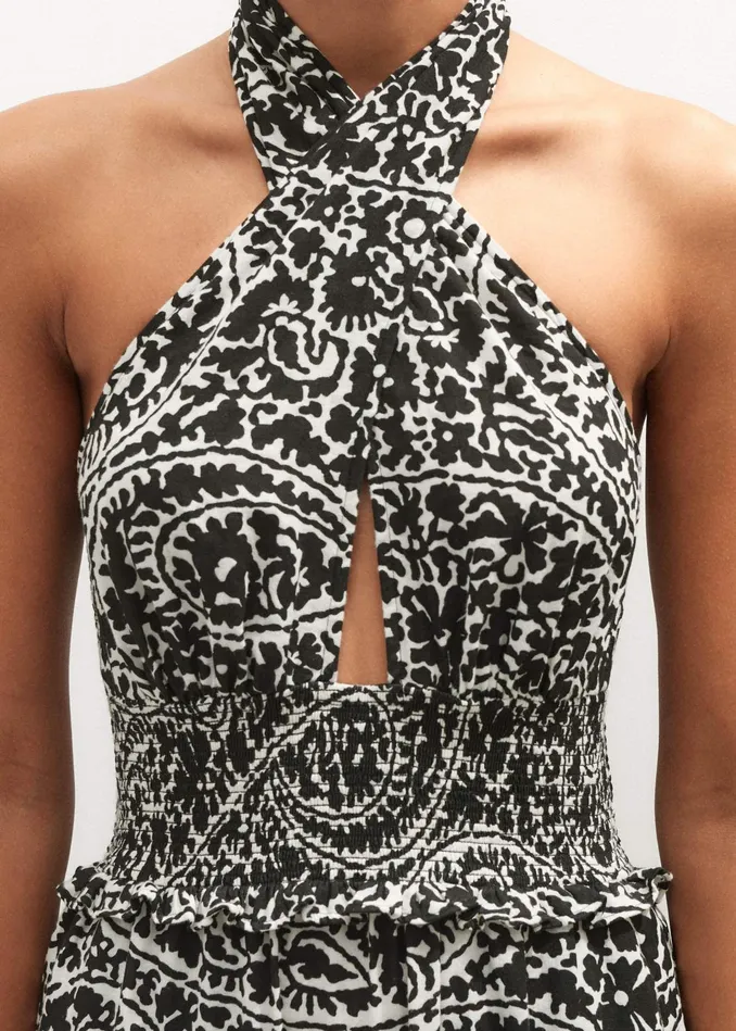 Women Cheesecloth Paisley Print Maxi Dress Light Creamblack MEEM