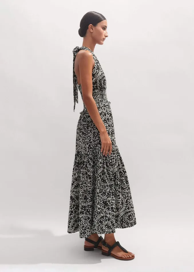 Women Cheesecloth Paisley Print Maxi Dress Light Creamblack MEEM