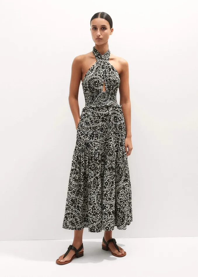 Women Cheesecloth Paisley Print Maxi Dress Light Creamblack MEEM