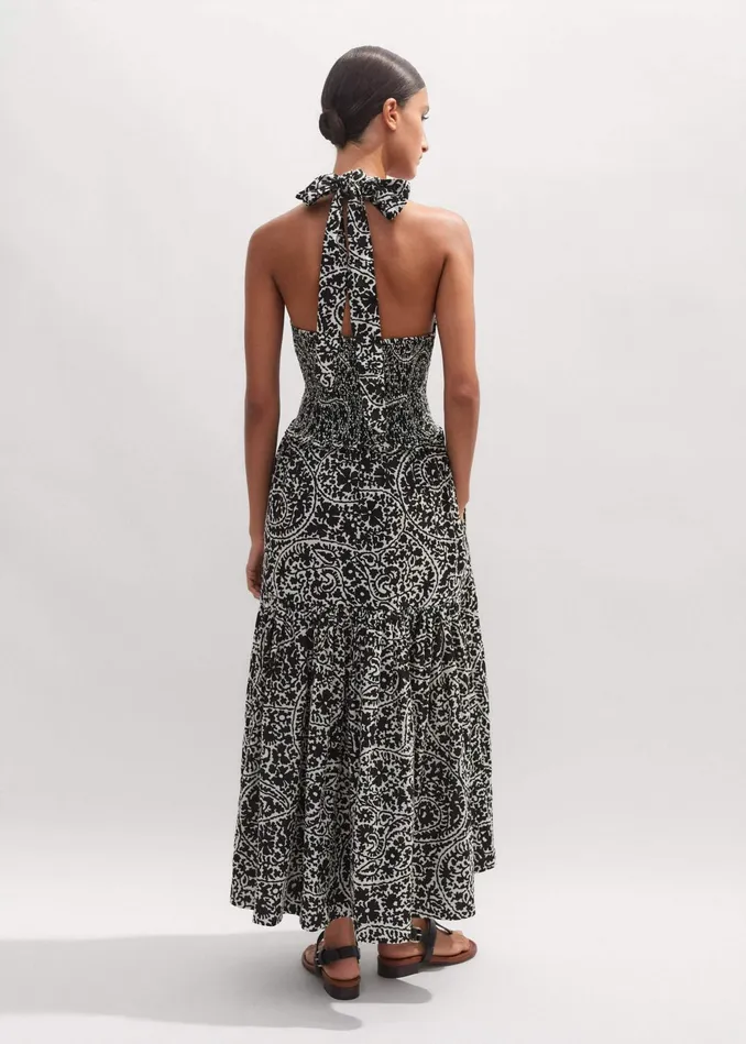 Women Cheesecloth Paisley Print Maxi Dress Light Creamblack MEEM