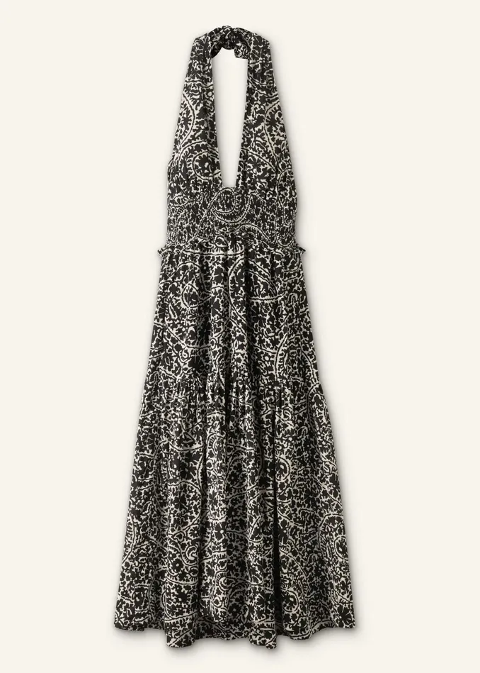 Women Cheesecloth Paisley Print Maxi Dress Light Creamblack MEEM