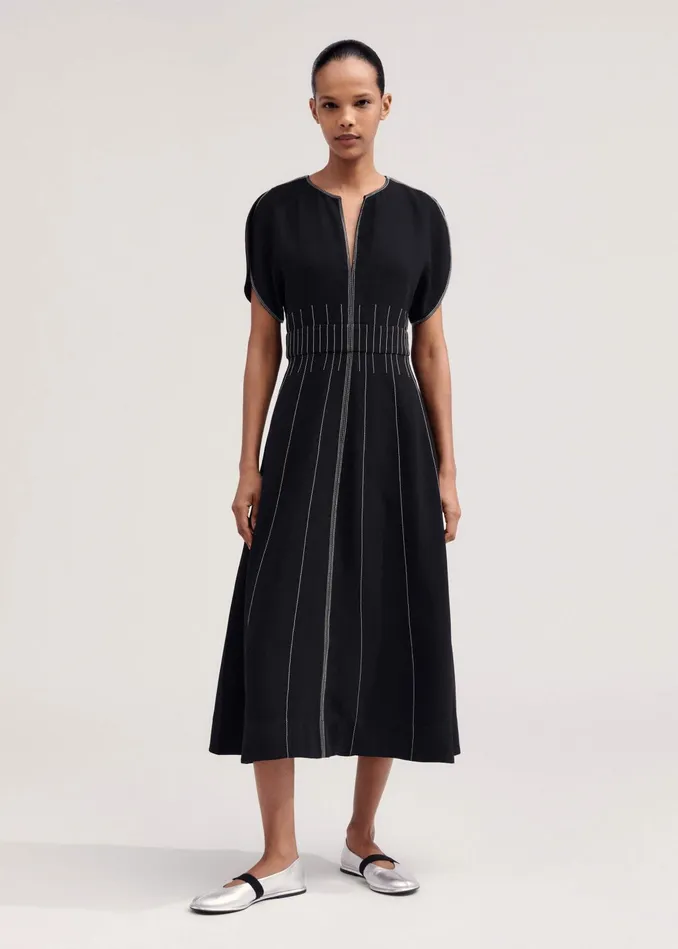Women Contrast Stitch Midi Dress Blackcream MEEM