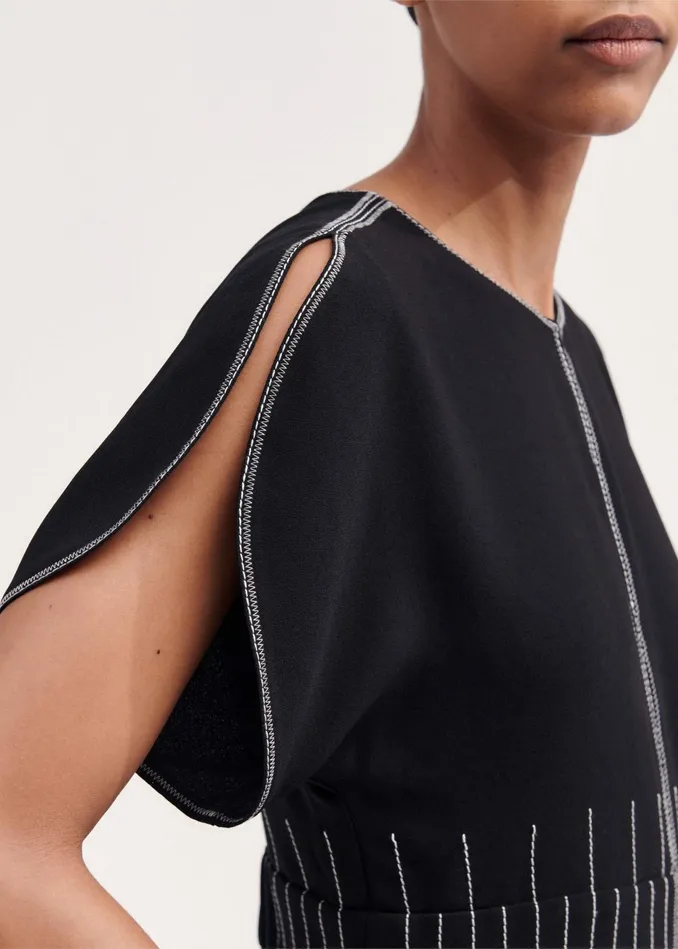 Women Contrast Stitch Midi Dress Blackcream MEEM